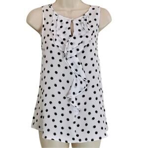 Elle White Black Polka Dot Sleeveless Top Ruffle Front Keyhole Button Closure